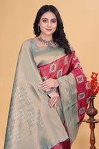 Gorgeous Rani Pink and Silver Gray Woven Silk Saree
