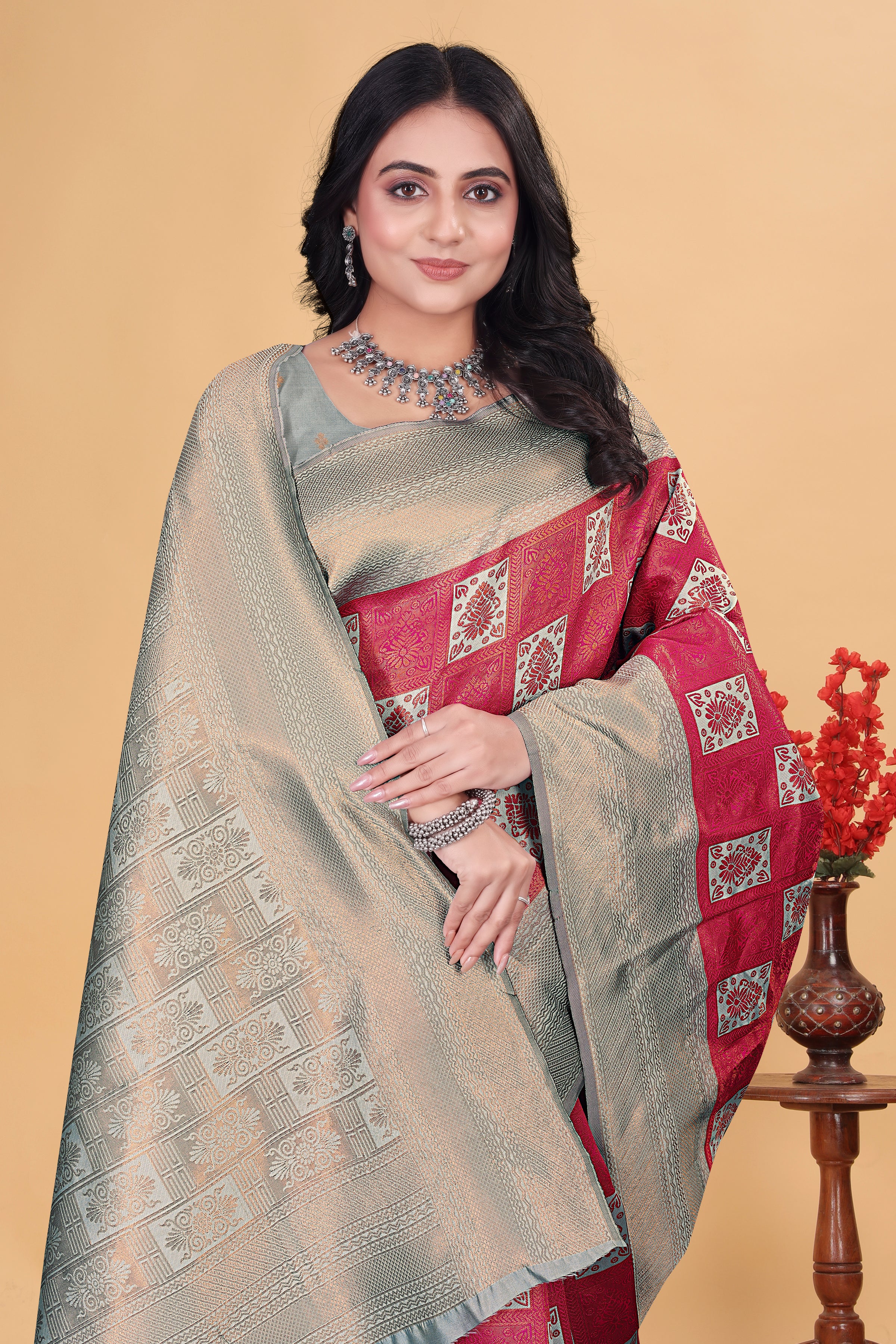 Gorgeous Rani Pink and Silver Gray Woven Silk Saree