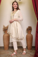 Biba Off-White Embroidered Kurta Pant Set With Dupatta