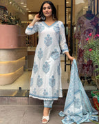 Primium Serene Sky Floral Printed Cotton Kurta Pant Dupatta