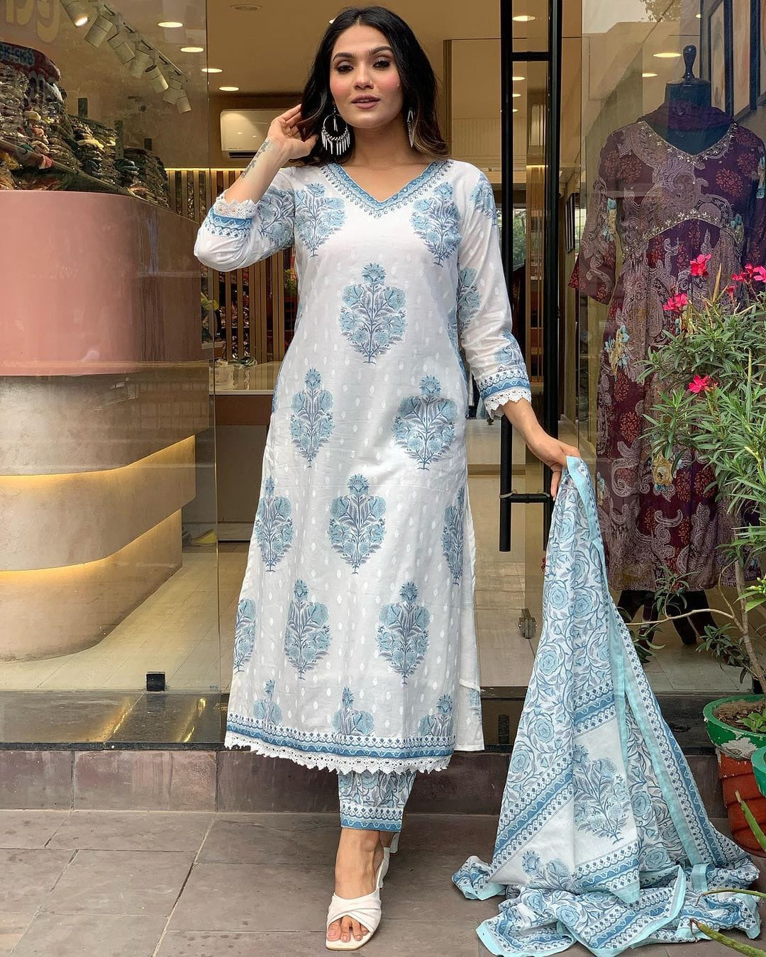 Primium Serene Sky Floral Printed Cotton Kurta Pant Dupatta