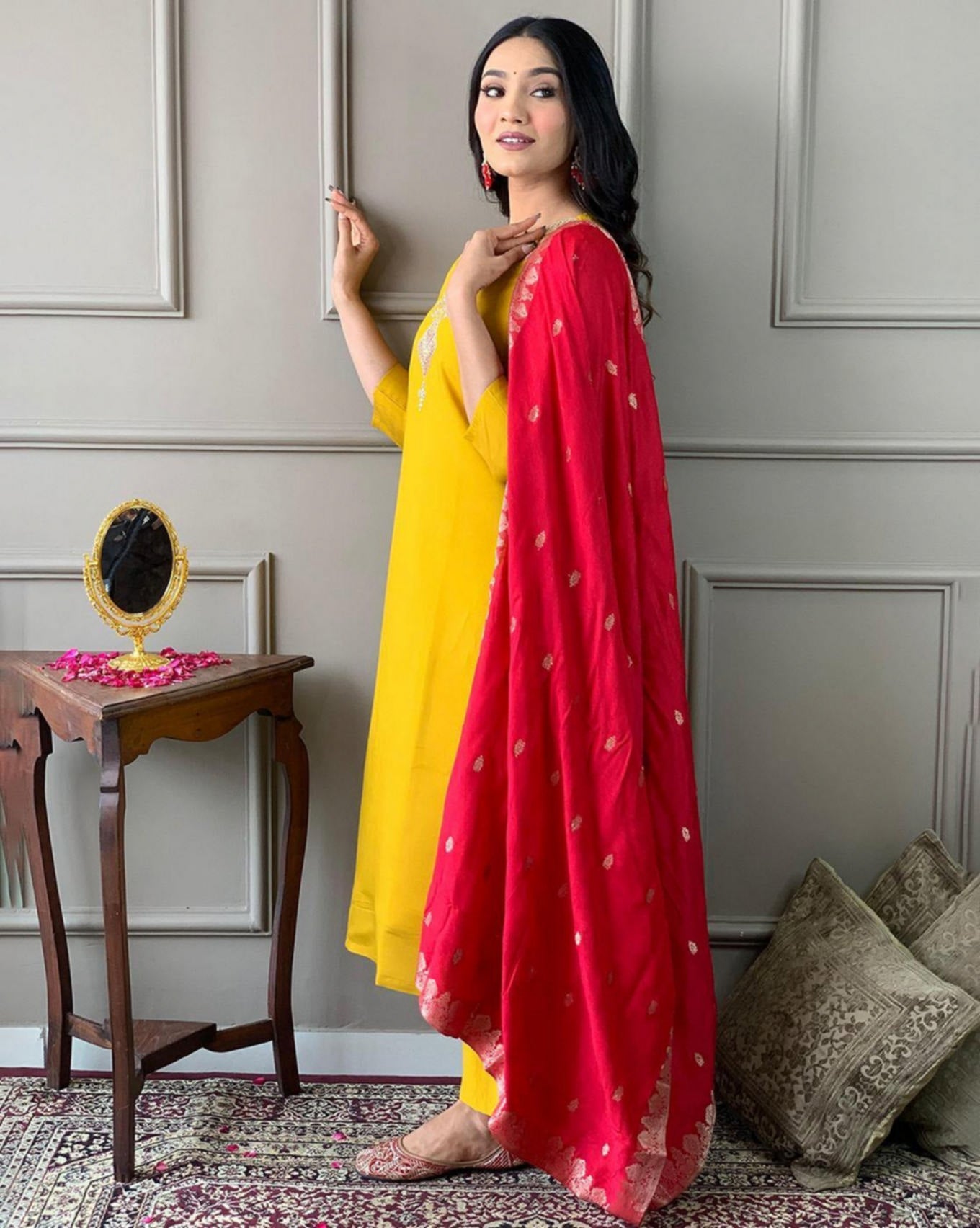 Mustard Yellow Kurta Pant Set with Red Embroidered Dupatta | Festive & Party Wear
