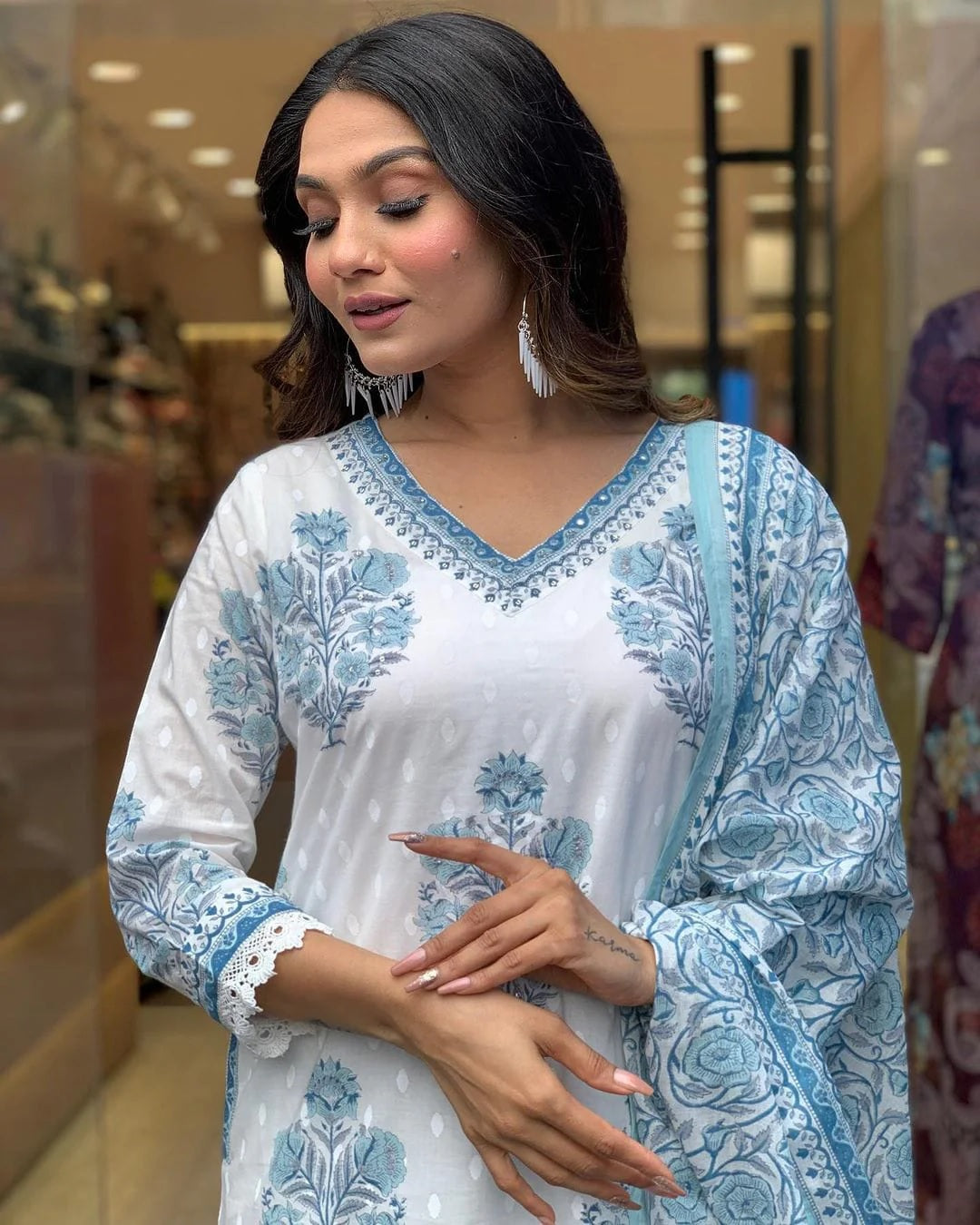 Primium Serene Sky Floral Printed Cotton Kurta Pant Dupatta