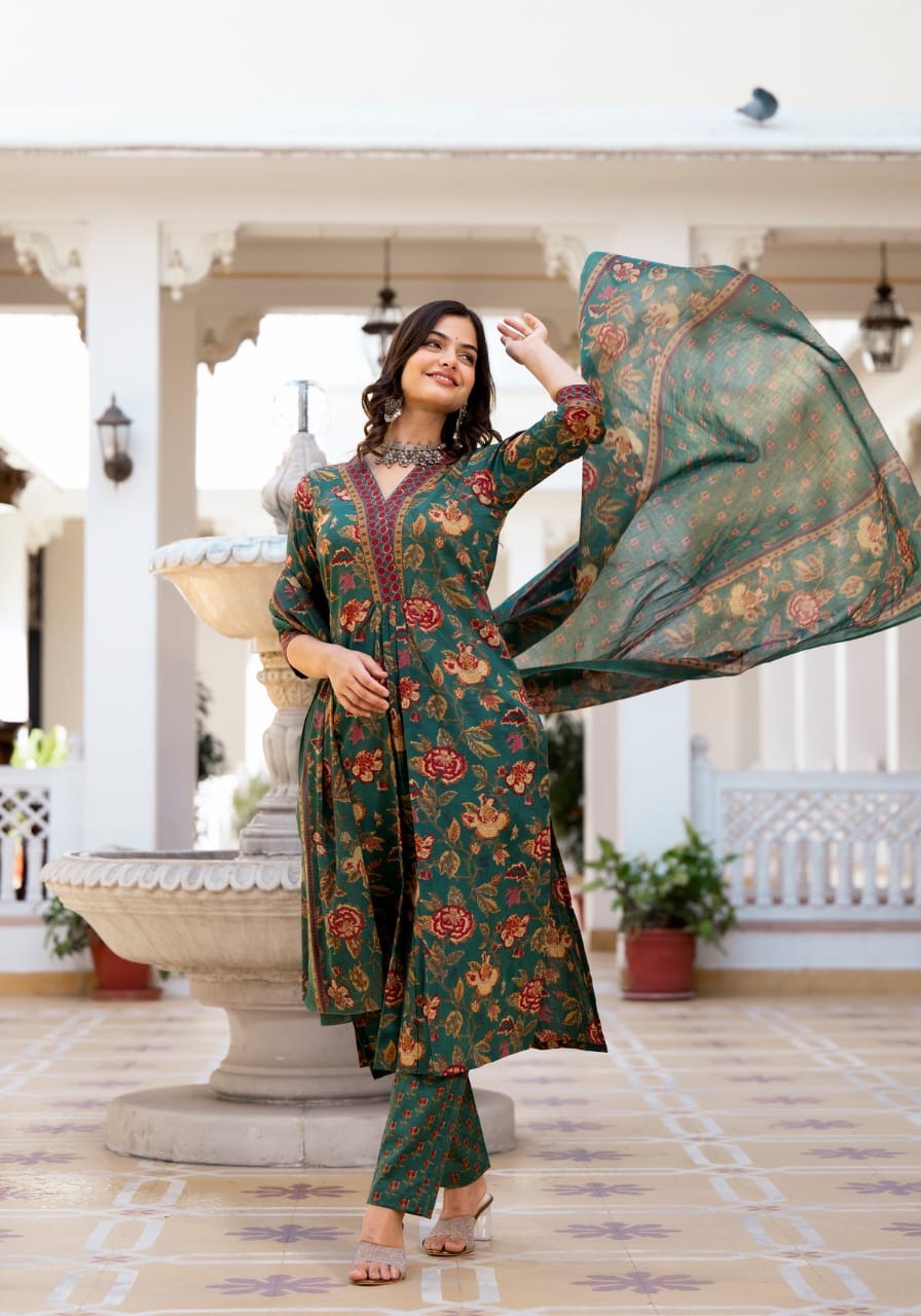 Floral Printed Knee Length V Neck Kurti And Pant Set With Printed Dupatta