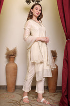 Biba Off-White Embroidered Kurta Pant Set With Dupatta