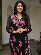 Black Georgette Embroidered Kurta Pant Set for Women | Stylish Ethnic Co-Ord Set | Floral & Paisley Work Kurti Set |