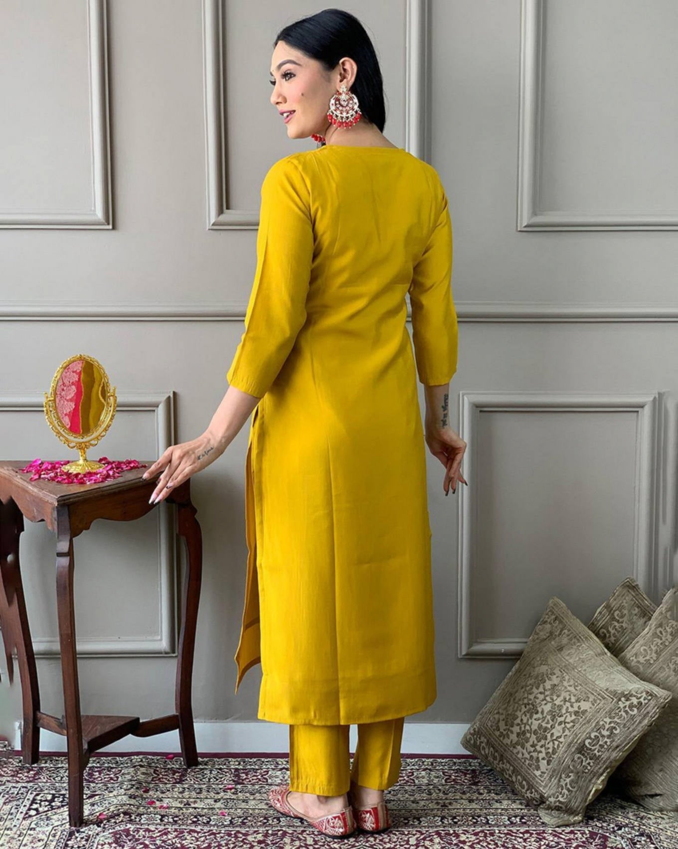 Mustard Yellow Kurta Pant Set with Red Embroidered Dupatta | Festive & Party Wear