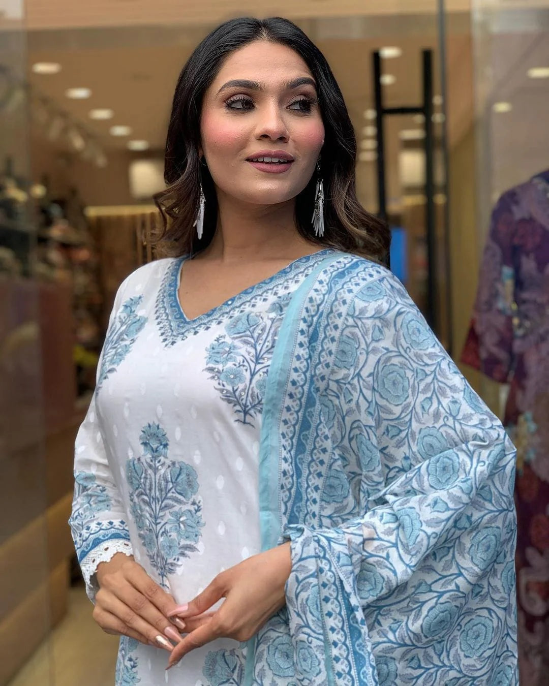 Primium Serene Sky Floral Printed Cotton Kurta Pant Dupatta
