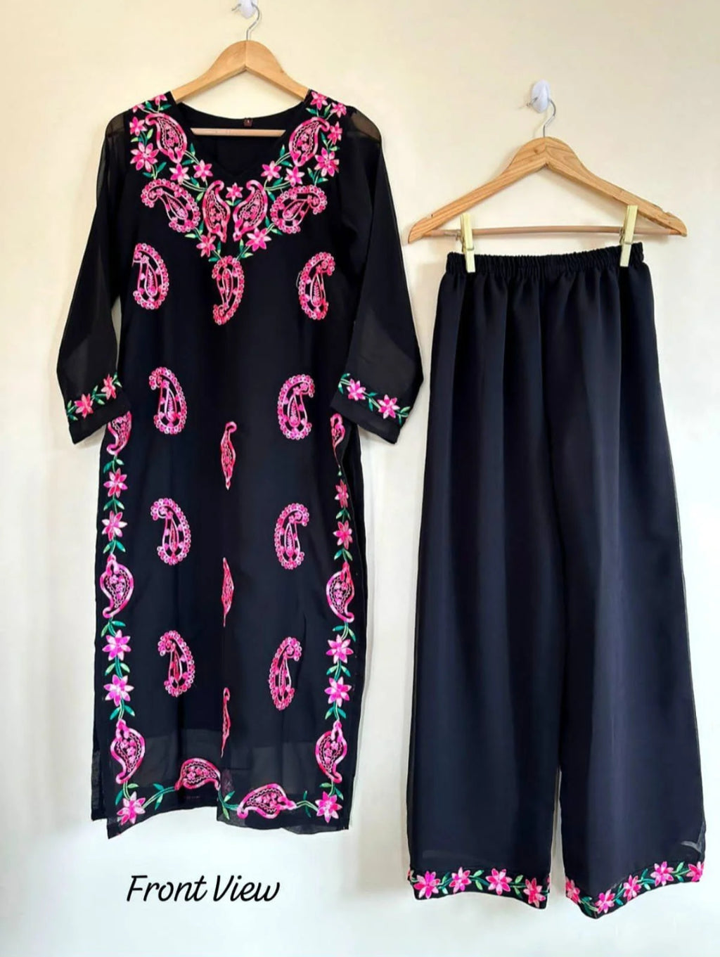 Black Georgette Embroidered Kurta Pant Set for Women | Stylish Ethnic Co-Ord Set | Floral & Paisley Work Kurti Set |