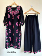 Black Georgette Embroidered Kurta Pant Set for Women | Stylish Ethnic Co-Ord Set | Floral & Paisley Work Kurti Set |