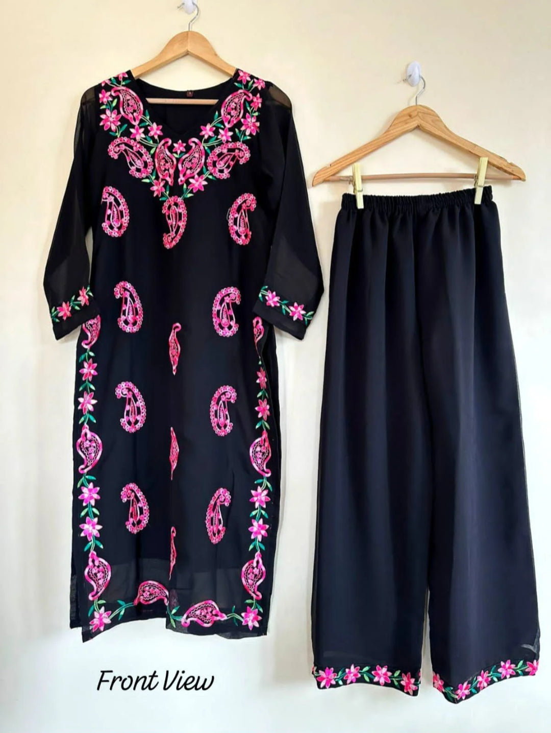 Black Georgette Embroidered Kurta Pant Set for Women | Stylish Ethnic Co-Ord Set | Floral & Paisley Work Kurti Set |