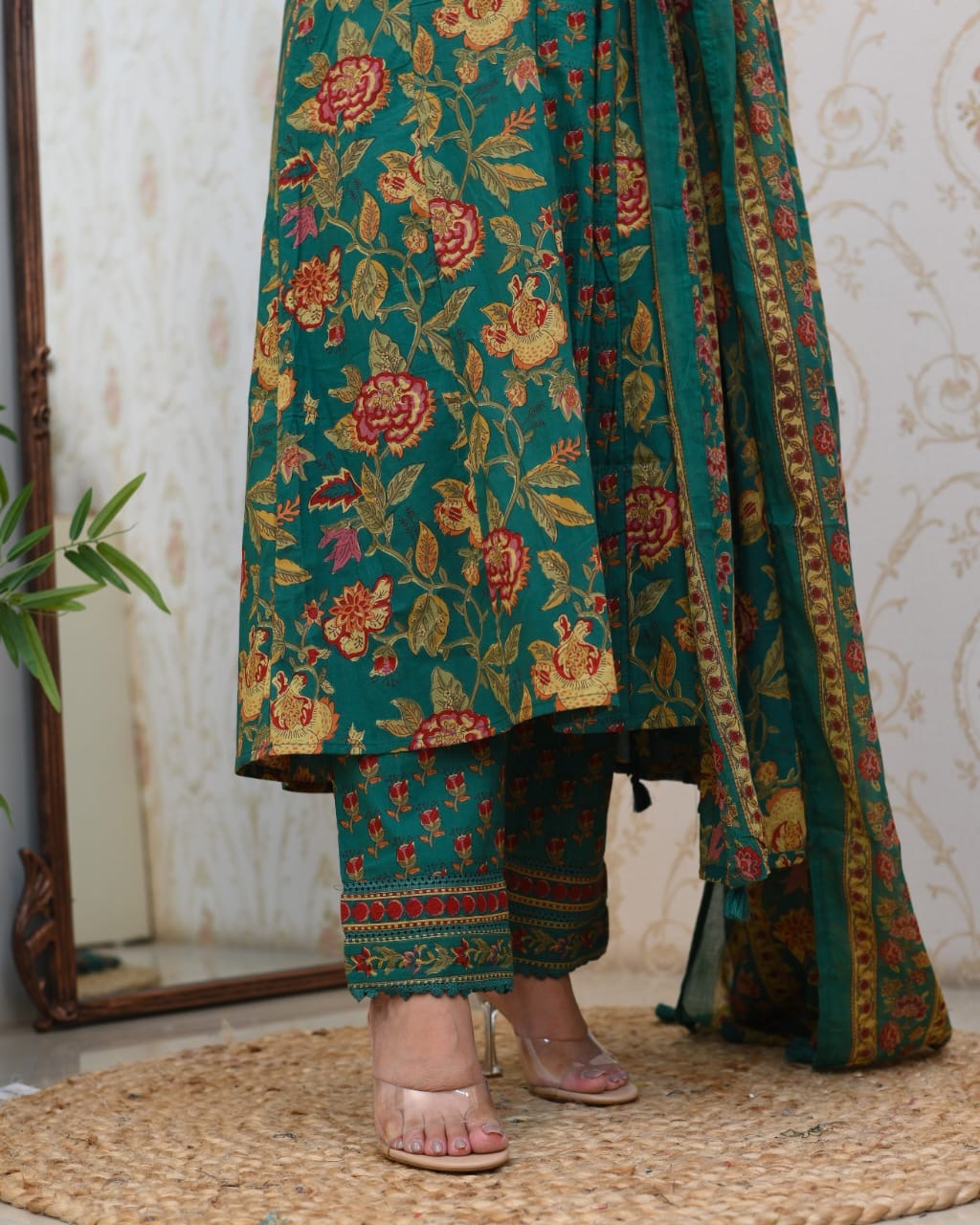 Floral Printed Knee Length V Neck Kurti And Pant Set With Printed Dupatta