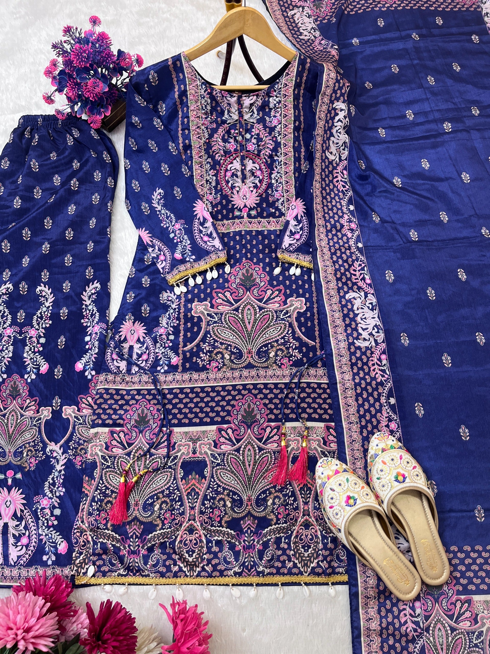 PURE CHINON SILK WORK DIGITAL PRINT WITH HAND WORK WITH FANCY LATKAN
