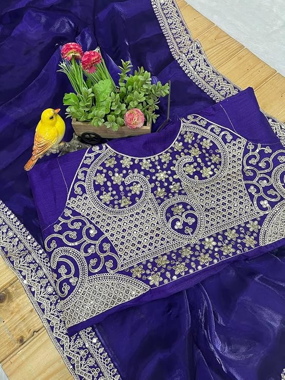 Violet Jimmy Choo Silk Sequin Work Party Wear Saree