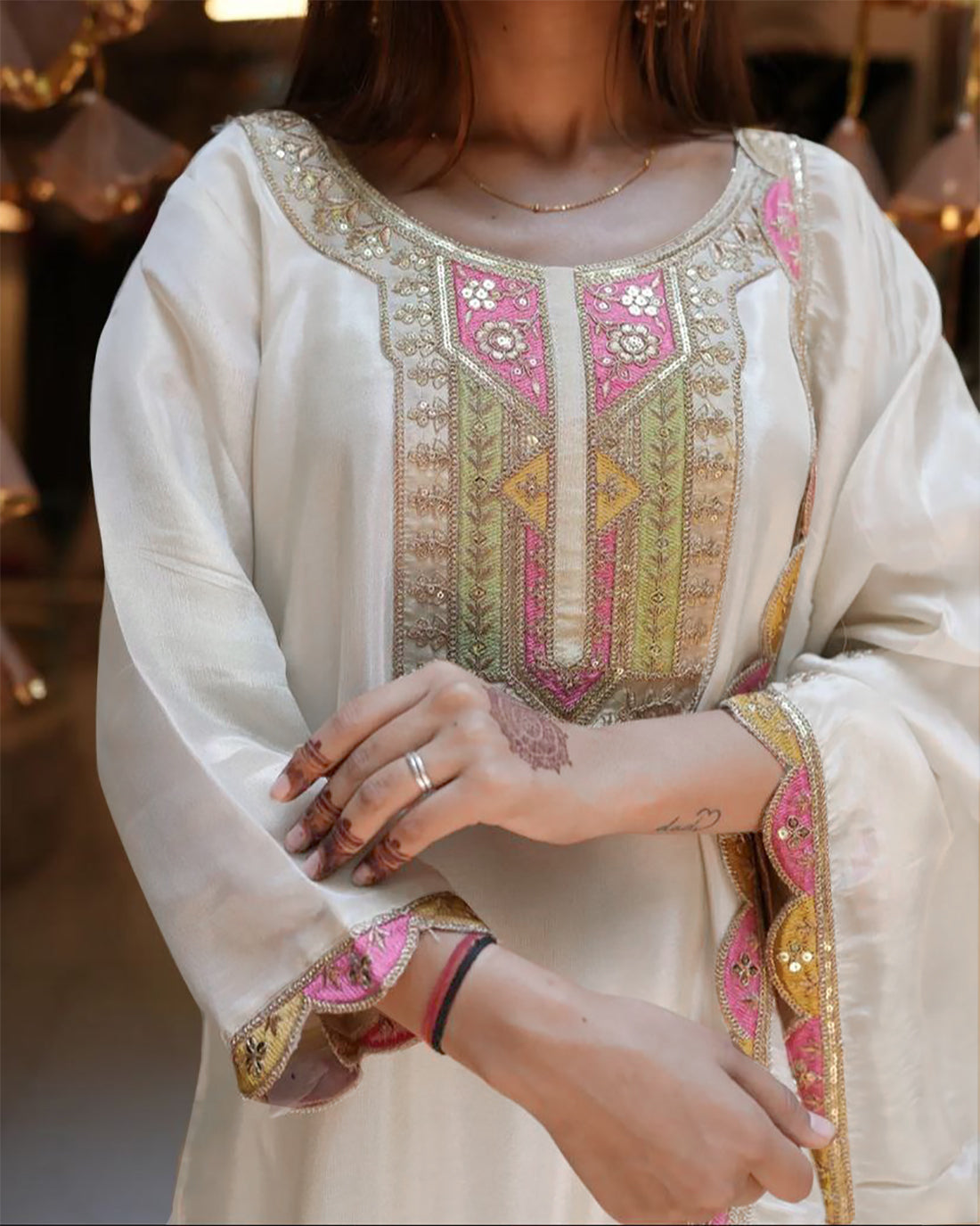 White Milano Woman Silk Kurta Pant Dupatta Set