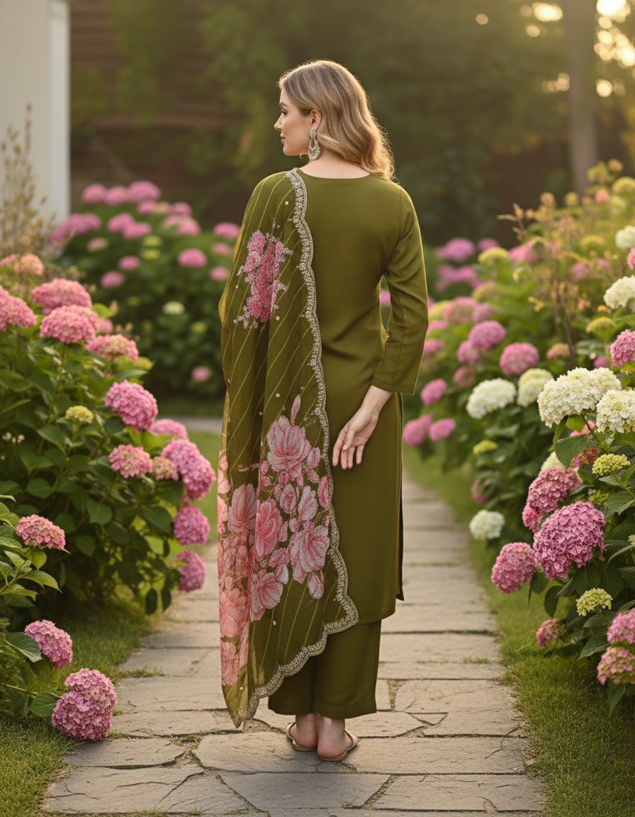 Elegant Green V-Neck Embroidered Kurta with Floral Digital Print Dupatta Set
