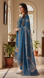 Teal Blue Floral Embroidered Digital Print Suit Set