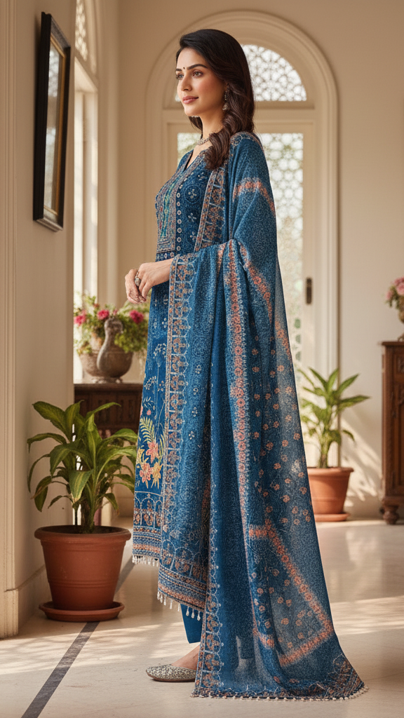 Teal Blue Floral Embroidered Digital Print Suit Set