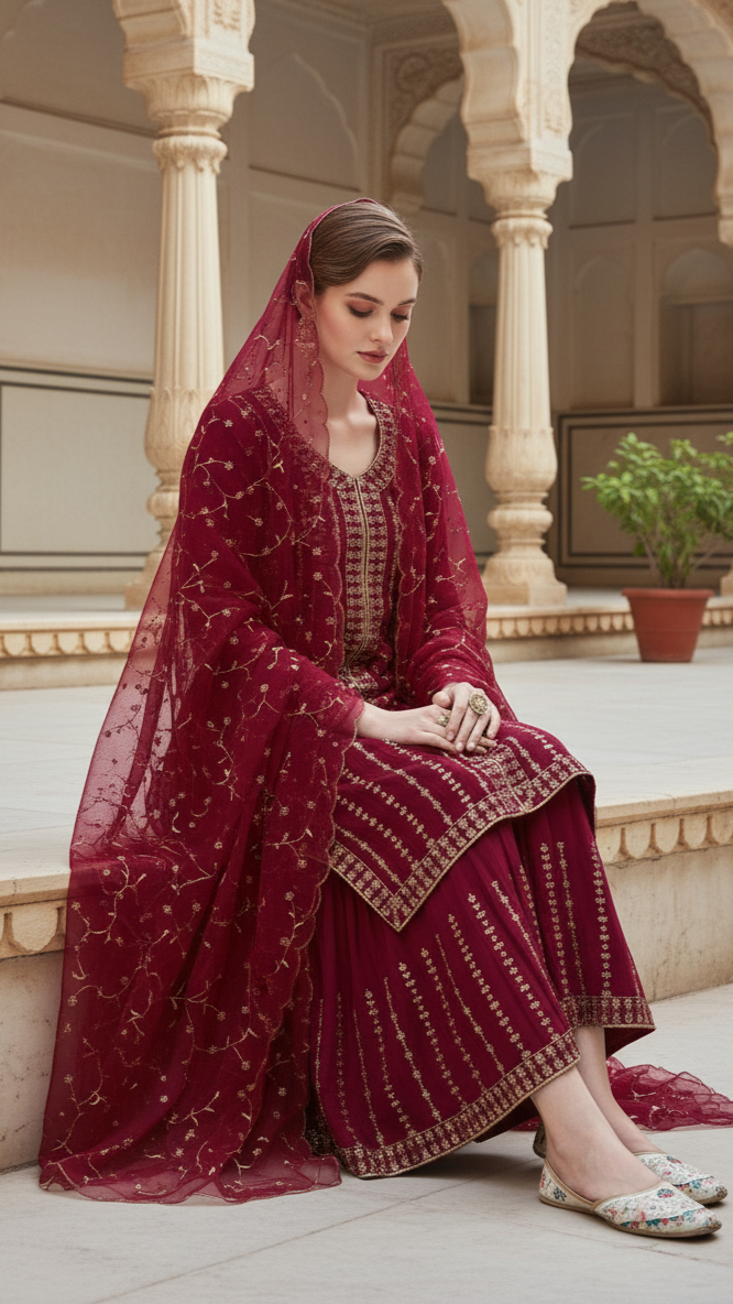FESTIVAL SPECIAL LUNCHING NEW MAROON HEAVY SHARARA PAIR WITH DUPATTA