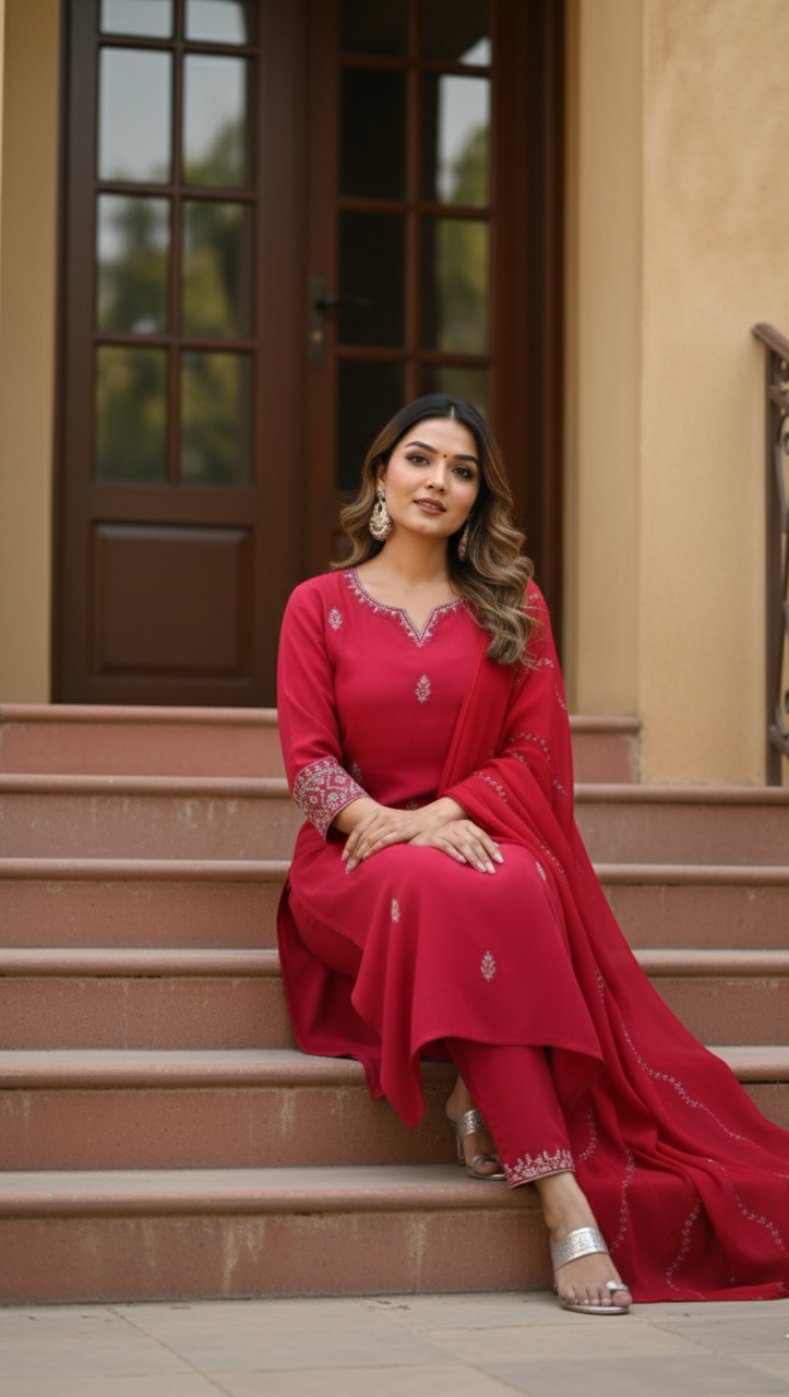 SUTRASAAZ Embroidered Kurta, Trouser/Pant & Dupatta Set