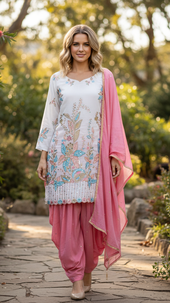 PRIMIUM VICHITRA SILK WEAR EMBROIDERED TOP WITH SALWAAR PAIR