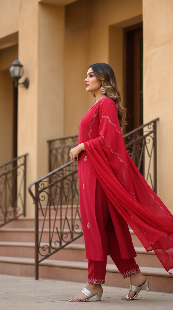 SUTRASAAZ Embroidered Kurta, Trouser/Pant & Dupatta Set