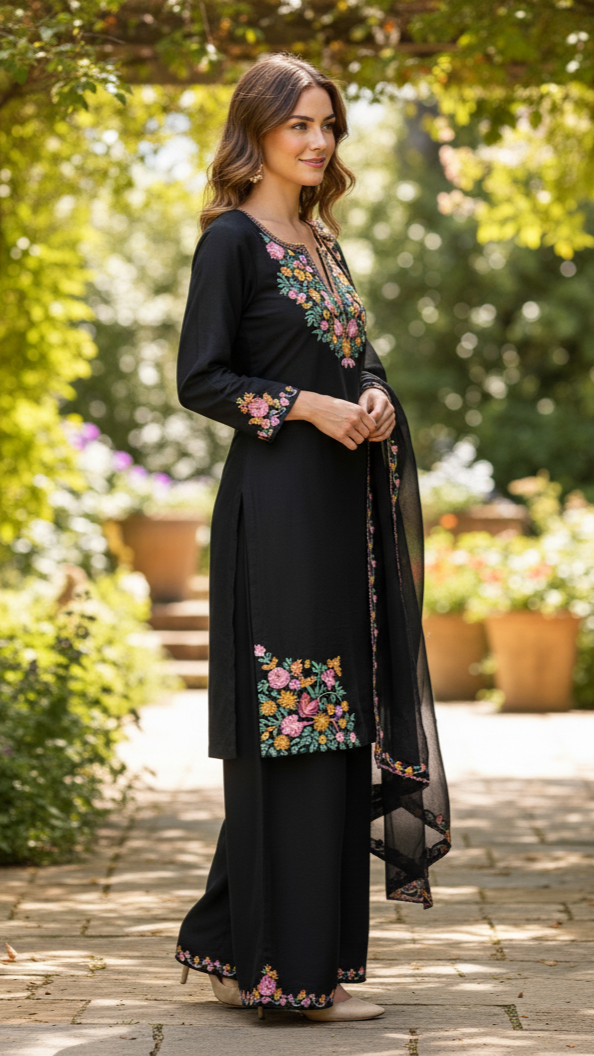 ELEGENT WEAR EMBROIDERED TOP WITH 2 SIDE POCKETS WITH PLAZZO AND DUPPATA