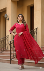 SUTRASAAZ Embroidered Kurta, Trouser/Pant & Dupatta Set