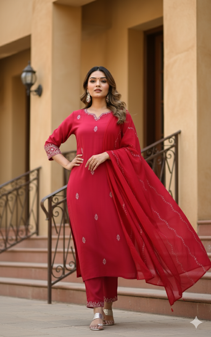 SUTRASAAZ Embroidered Kurta, Trouser/Pant & Dupatta Set