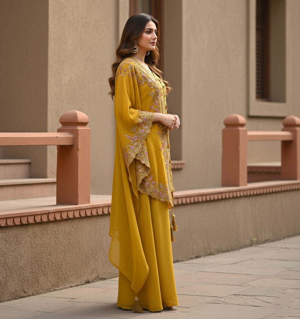 Festive Golden Yellow Georgette Kaftan Tunic & Wide-Leg Pants