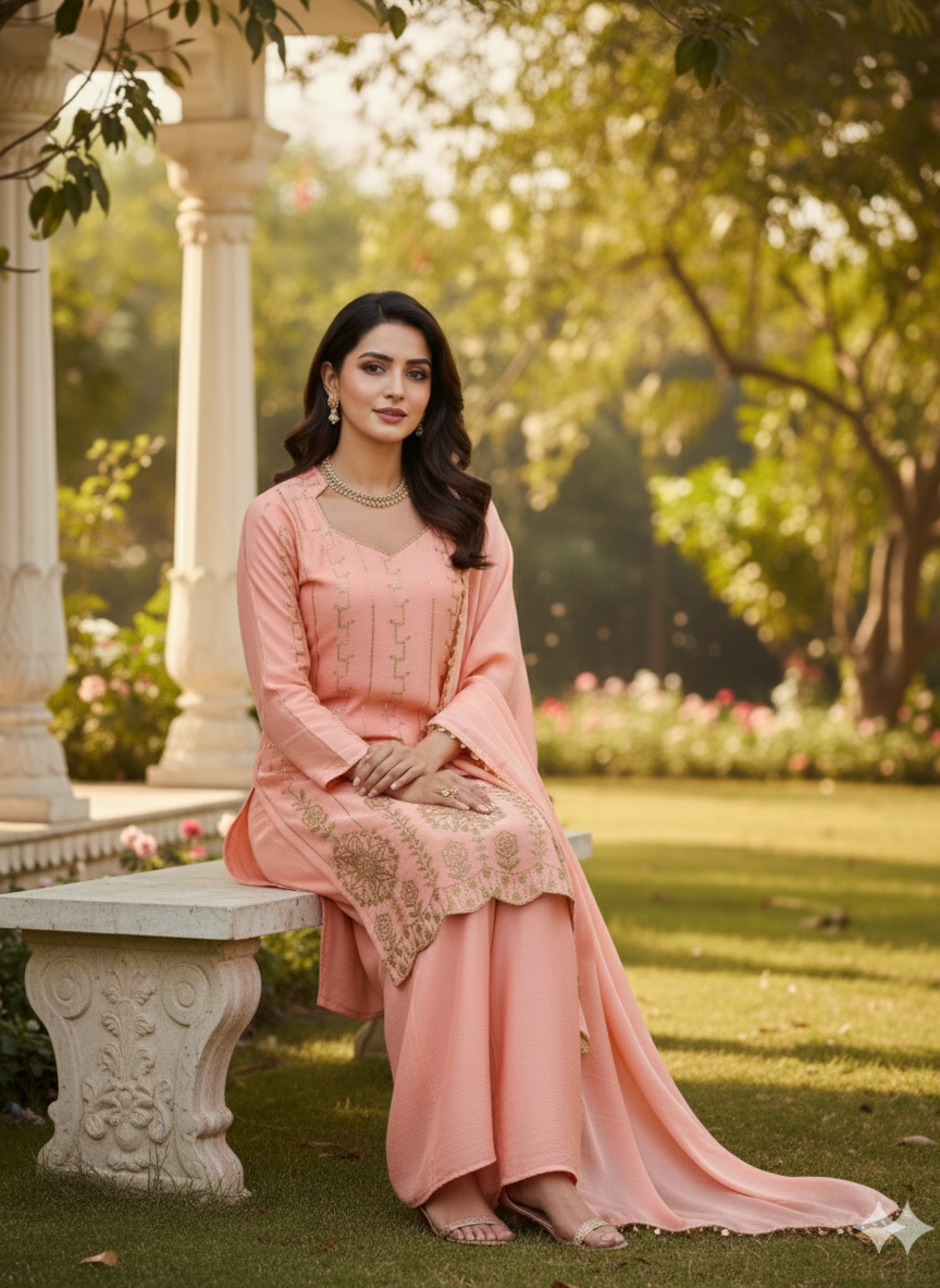DESIGNER WEAR EXCLUSIVE PEACH EMBROIDERED TOP WITH PLAZZO PAIR
