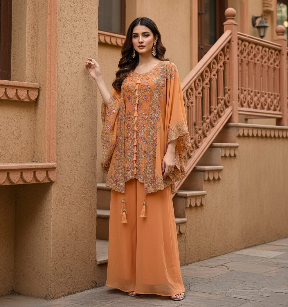 Festive Golden Orange Georgette Kaftan Tunic & Wide-Leg Pants