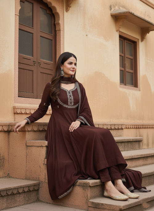 Brown Embroidered Silk Blend Anarkali Kurta With Dupatta Set ( S TO XXL )