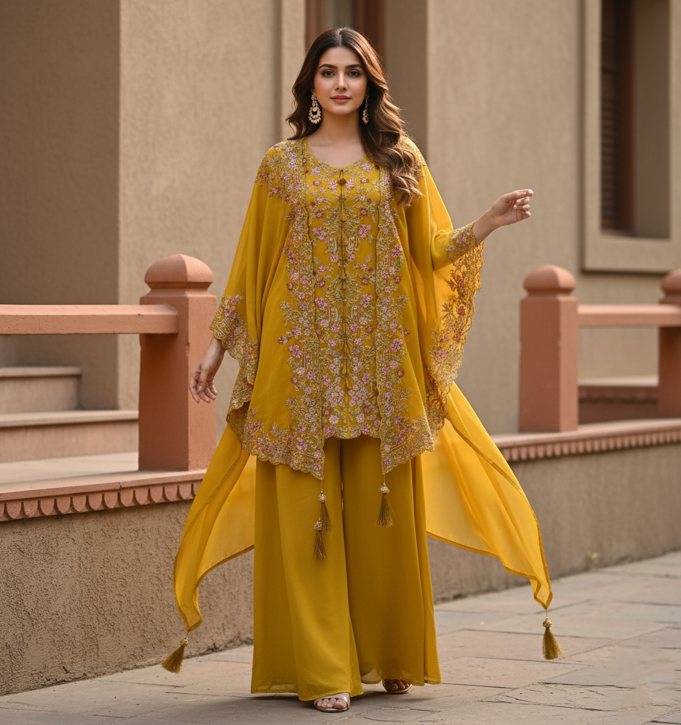 Festive Golden Yellow Georgette Kaftan Tunic & Wide-Leg Pants