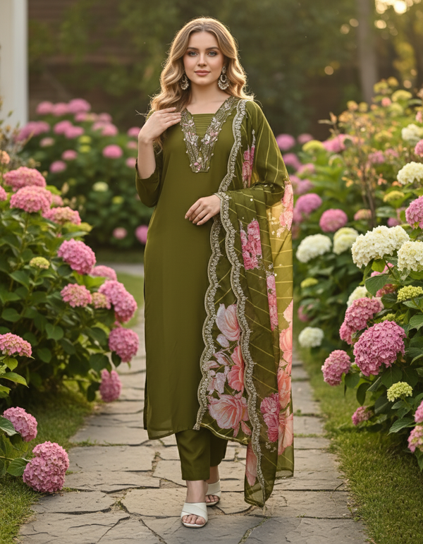 Elegant Green V-Neck Embroidered Kurta with Floral Digital Print Dupatta Set