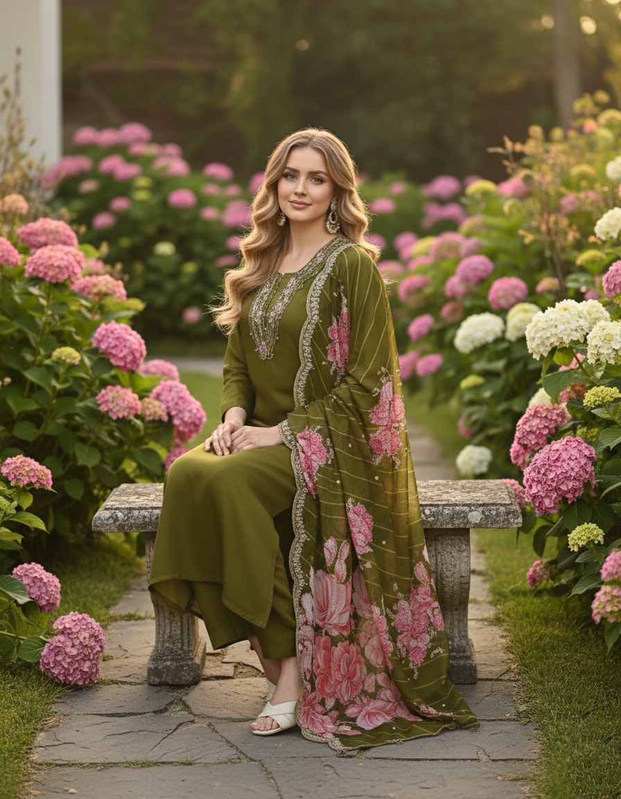 Elegant Green V-Neck Embroidered Kurta with Floral Digital Print Dupatta Set