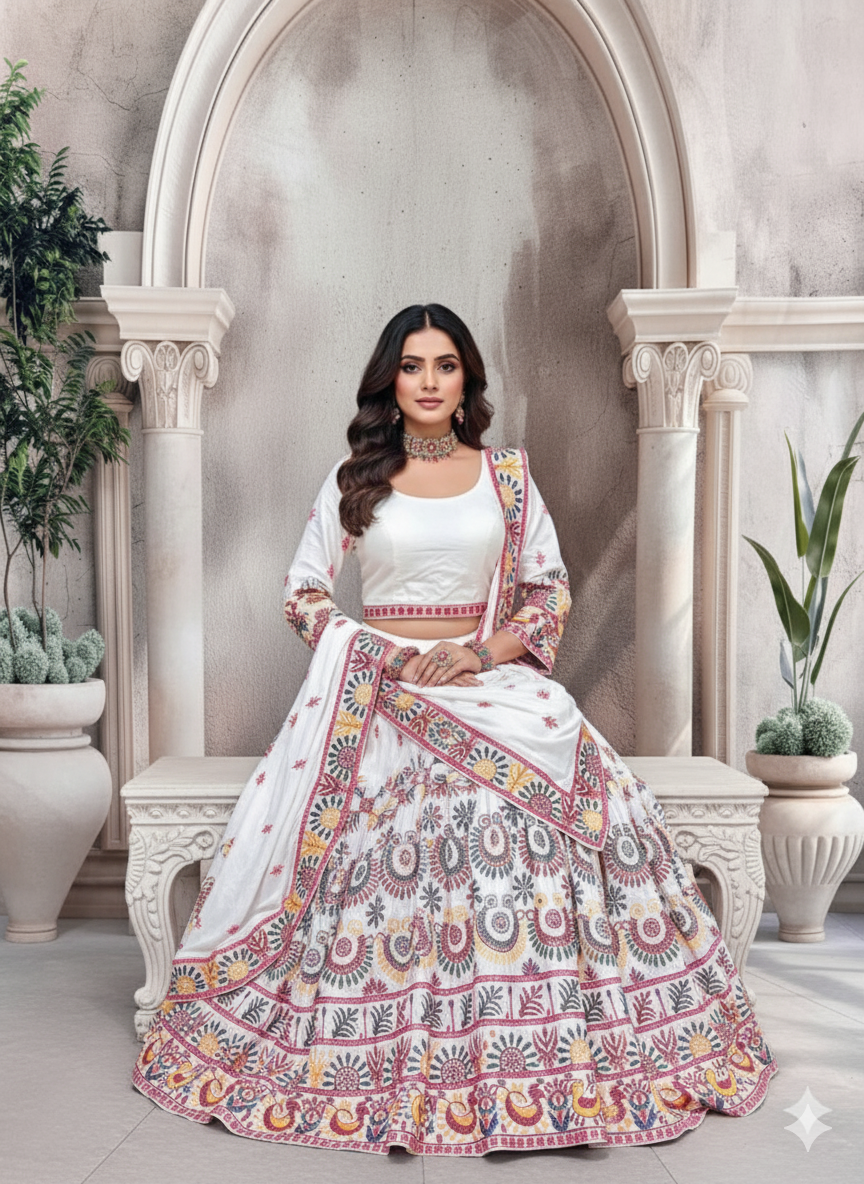 Elegent White Exclusive Lehenga Choli with Multicolor Pattern Embroidered Dupatta