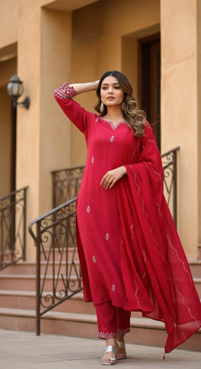 SUTRASAAZ Embroidered Kurta, Trouser/Pant & Dupatta Set
