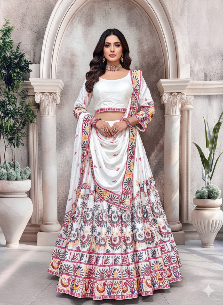 Elegent White Exclusive Lehenga Choli with Multicolor Pattern Embroidered Dupatta