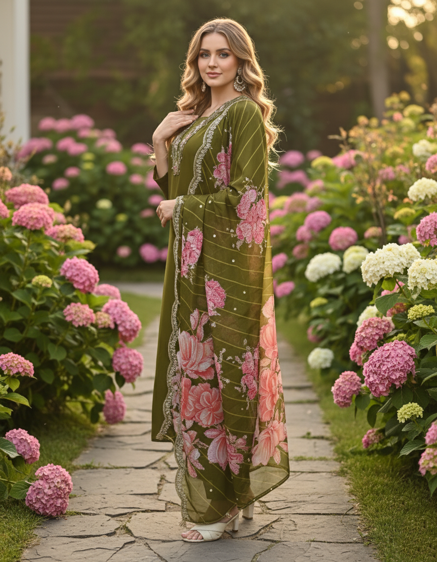 Elegant Green V-Neck Embroidered Kurta with Floral Digital Print Dupatta Set