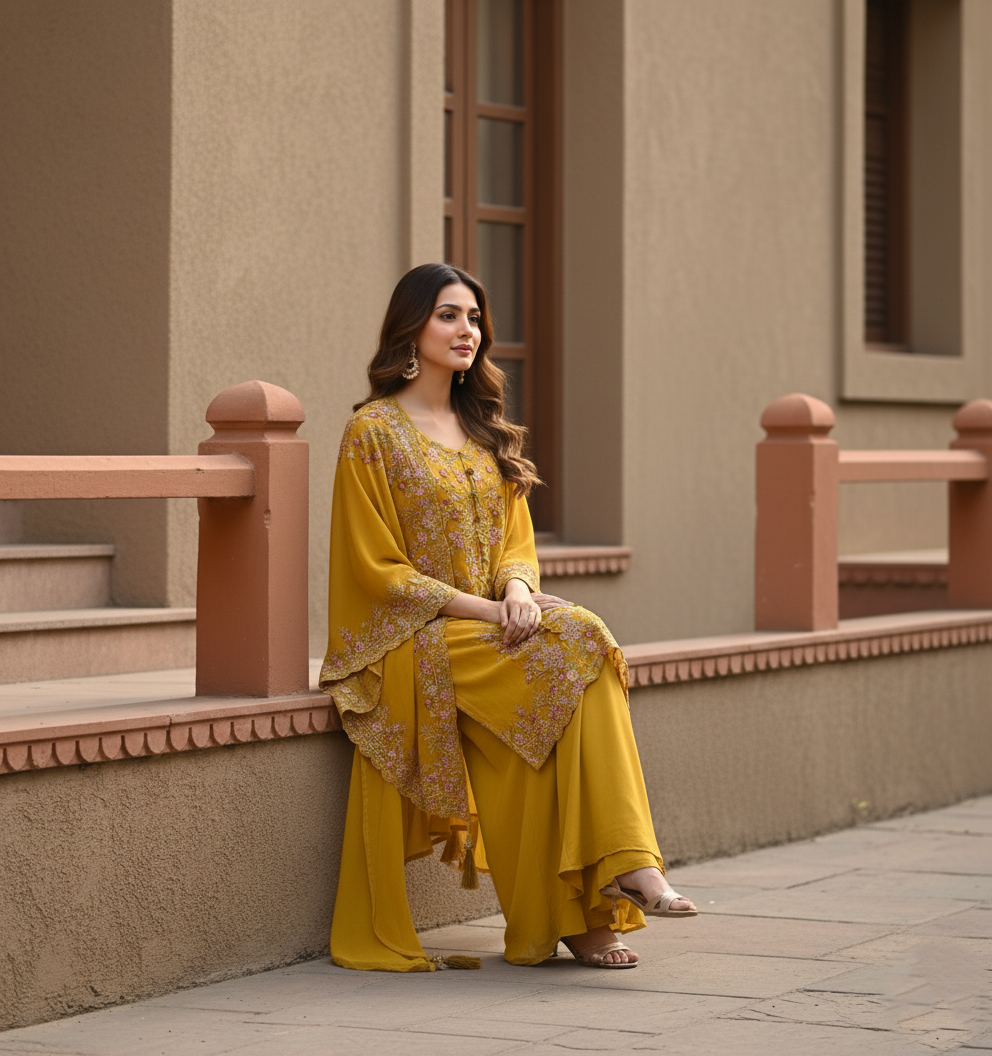 Festive Golden Yellow Georgette Kaftan Tunic & Wide-Leg Pants