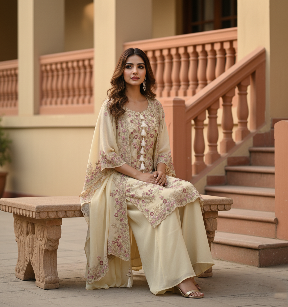 Festive Golden Beige Georgette Kaftan Tunic & Wide-Leg Pants