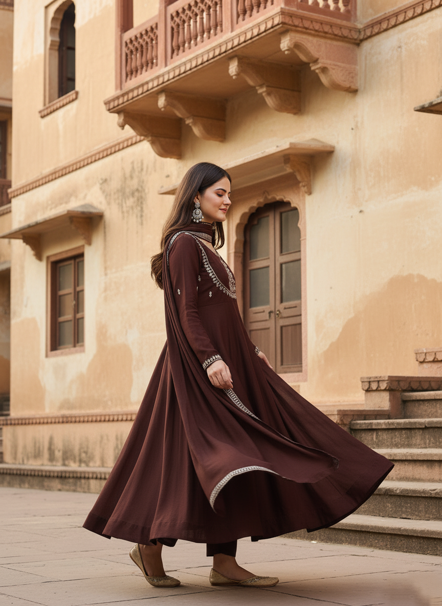 Brown Embroidered Silk Blend Anarkali Kurta With Dupatta Set ( S TO XXL )
