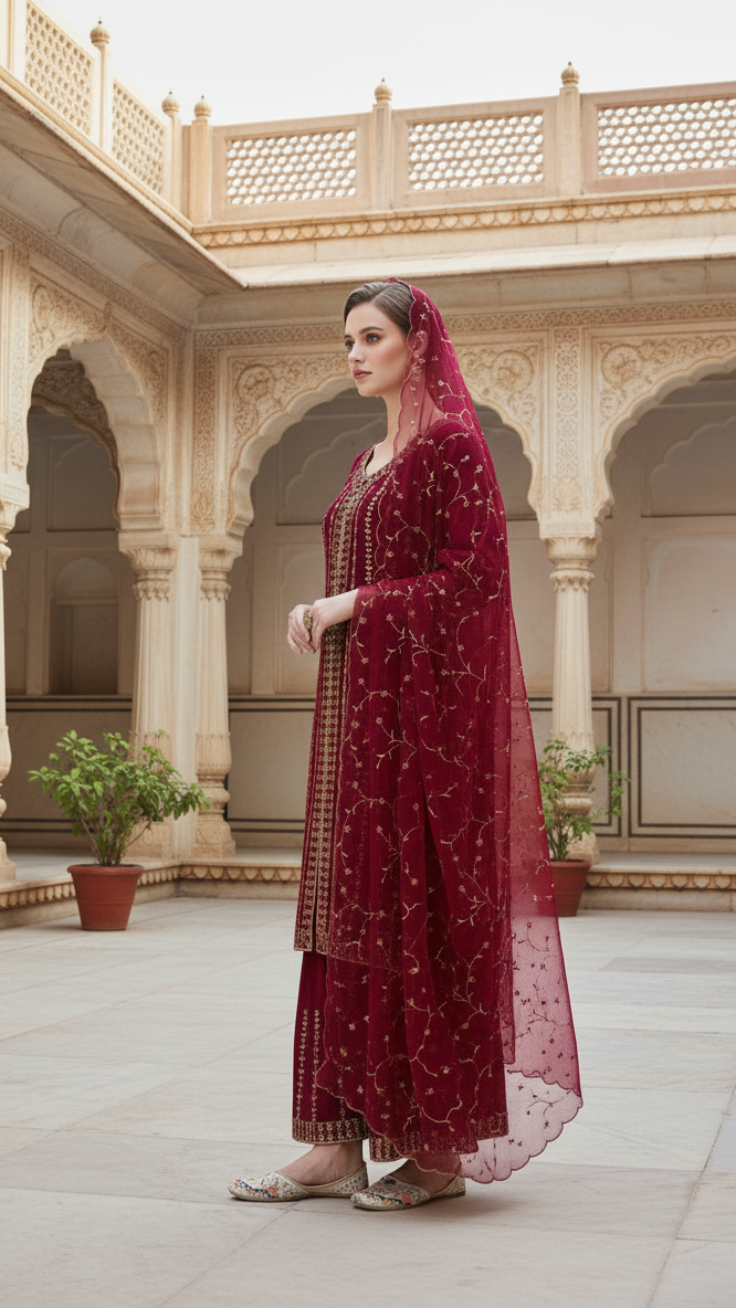 FESTIVAL SPECIAL LUNCHING NEW MAROON HEAVY SHARARA PAIR WITH DUPATTA