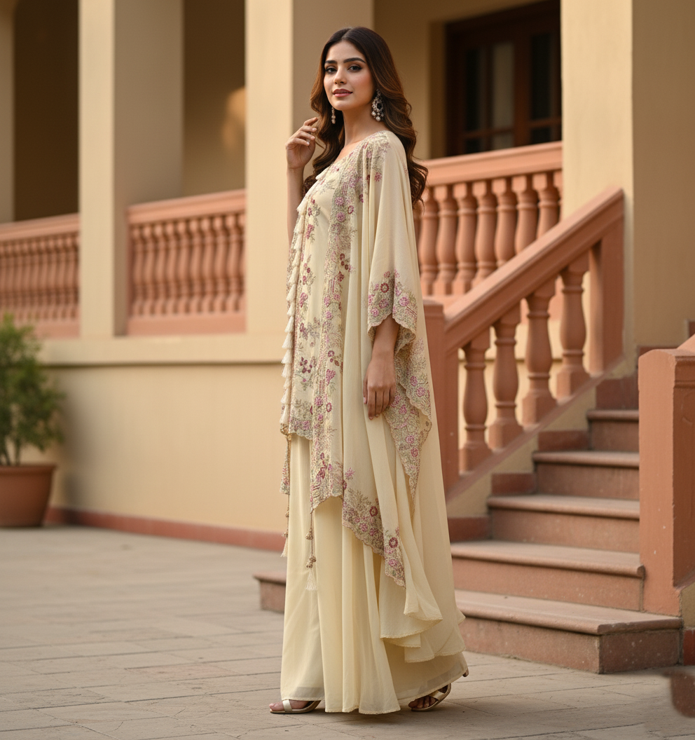 Festive Golden Beige Georgette Kaftan Tunic & Wide-Leg Pants