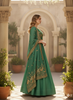 Emerald Green Silk Lehenga Choli with Golden Peacock Embroidery