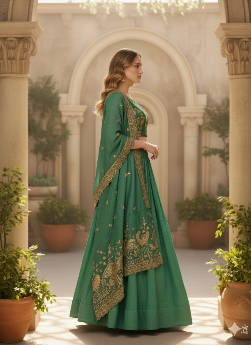 Emerald Green Silk Lehenga Choli with Golden Peacock Embroidery