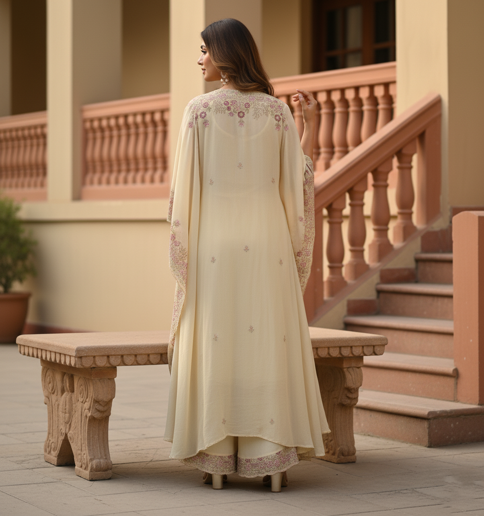 Festive Golden Beige Georgette Kaftan Tunic & Wide-Leg Pants