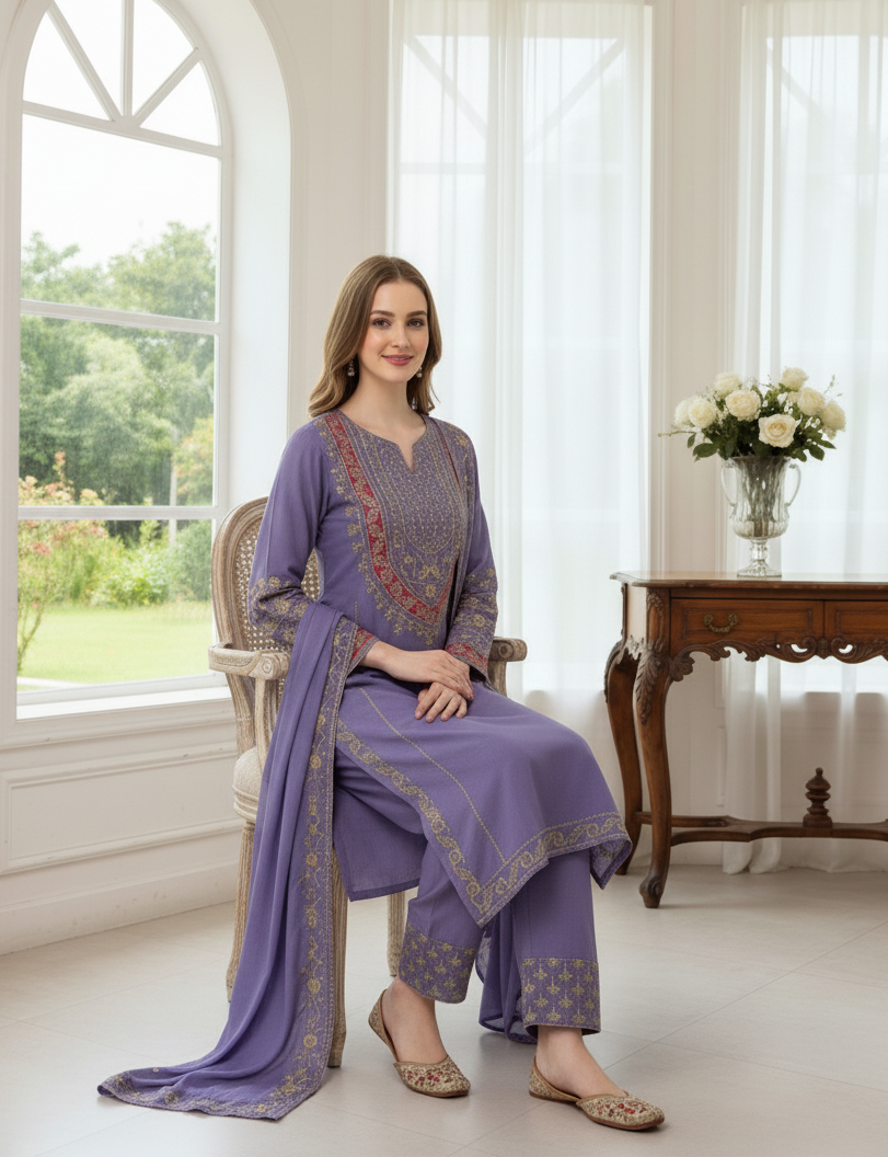 ELEGENT DESIGNER WEAR EMBROIDERED BOAT NECK TOP WITH PLAZZO PRIMIUM PAIR