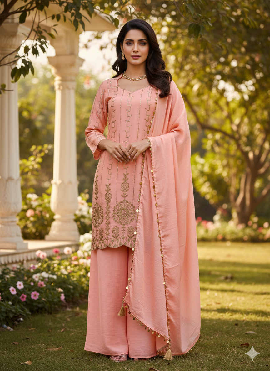 DESIGNER WEAR EXCLUSIVE PEACH EMBROIDERED TOP WITH PLAZZO PAIR